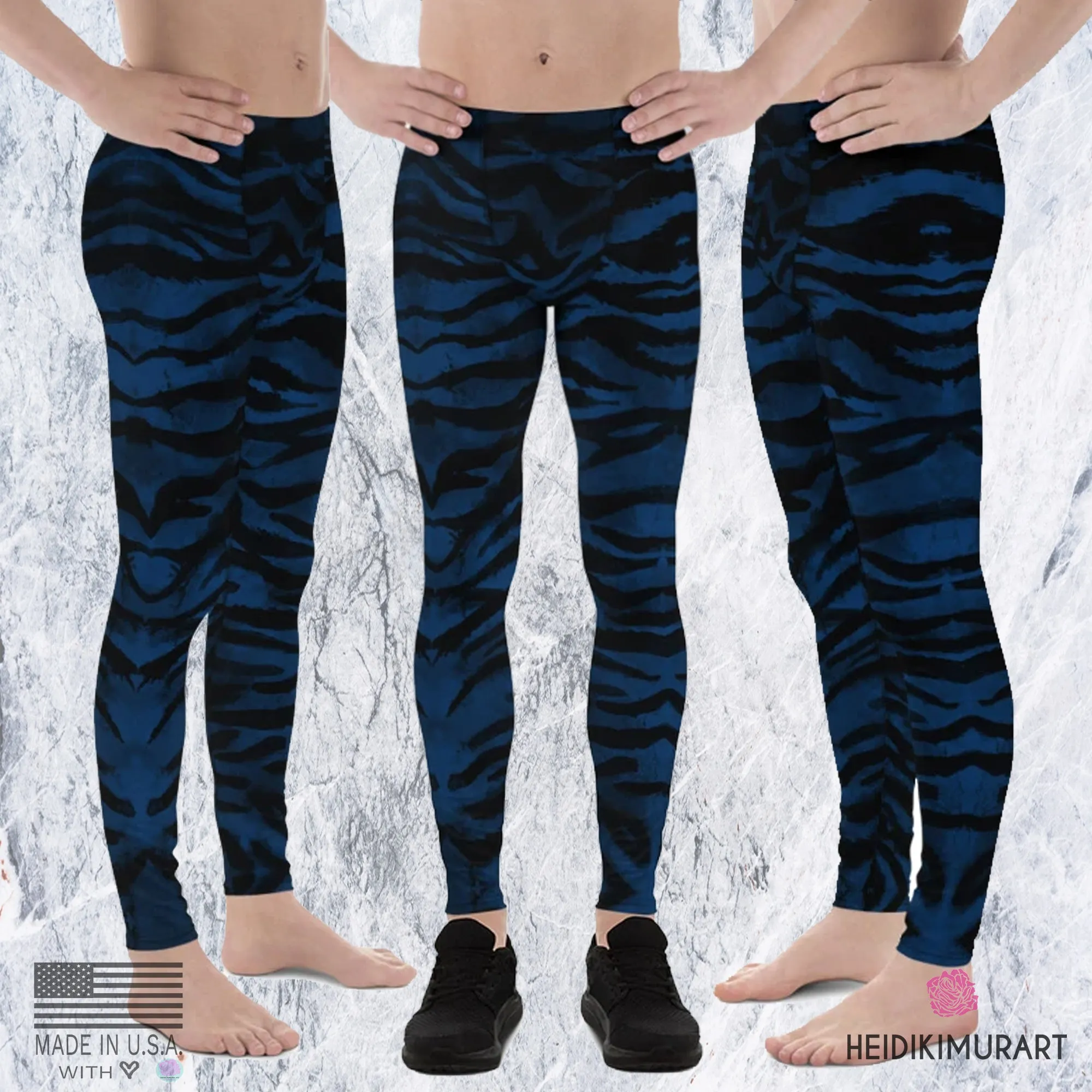 Navy Blue Tiger Men's Leggings, Striped Animal Print Men Gym Run Tights-Made in USA/EU