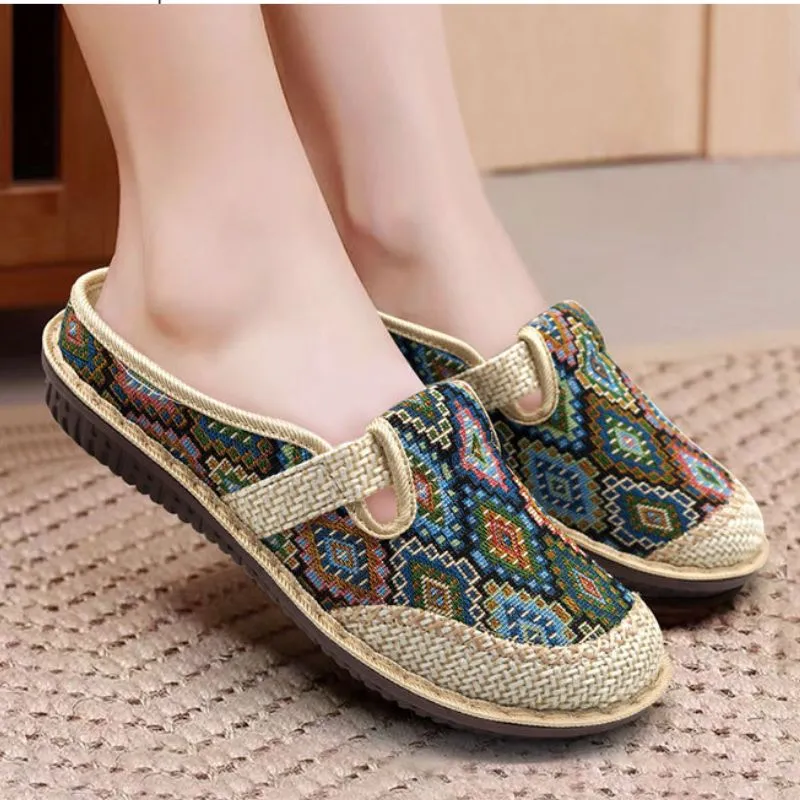 OCW Women Orthopedic Slipper Vintage Paisley Wedge Cloth Shoes Soft Sole Slip-on Muller