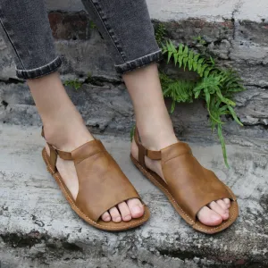 Open Toe Flat Leather Sandals Side Buckle for Women in Brown