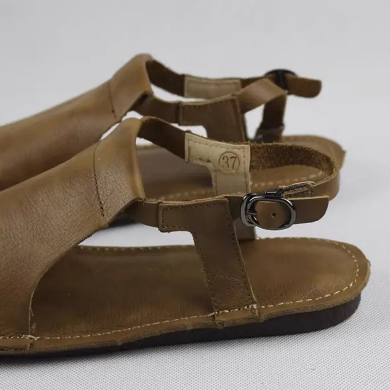 Open Toe Flat Leather Sandals Side Buckle for Women in Brown