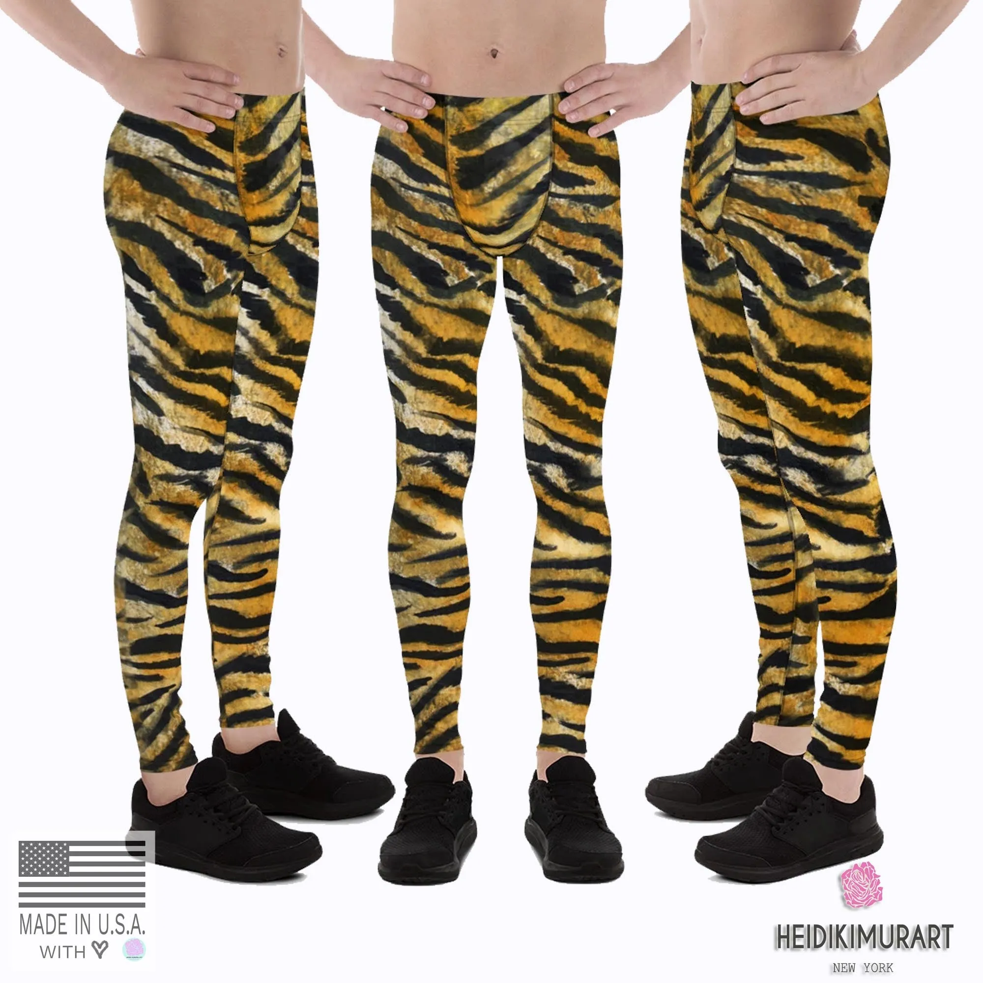 Orange Tiger Meggings, Stripe Animal Print Men's Running Leggings - Made in USA/EU