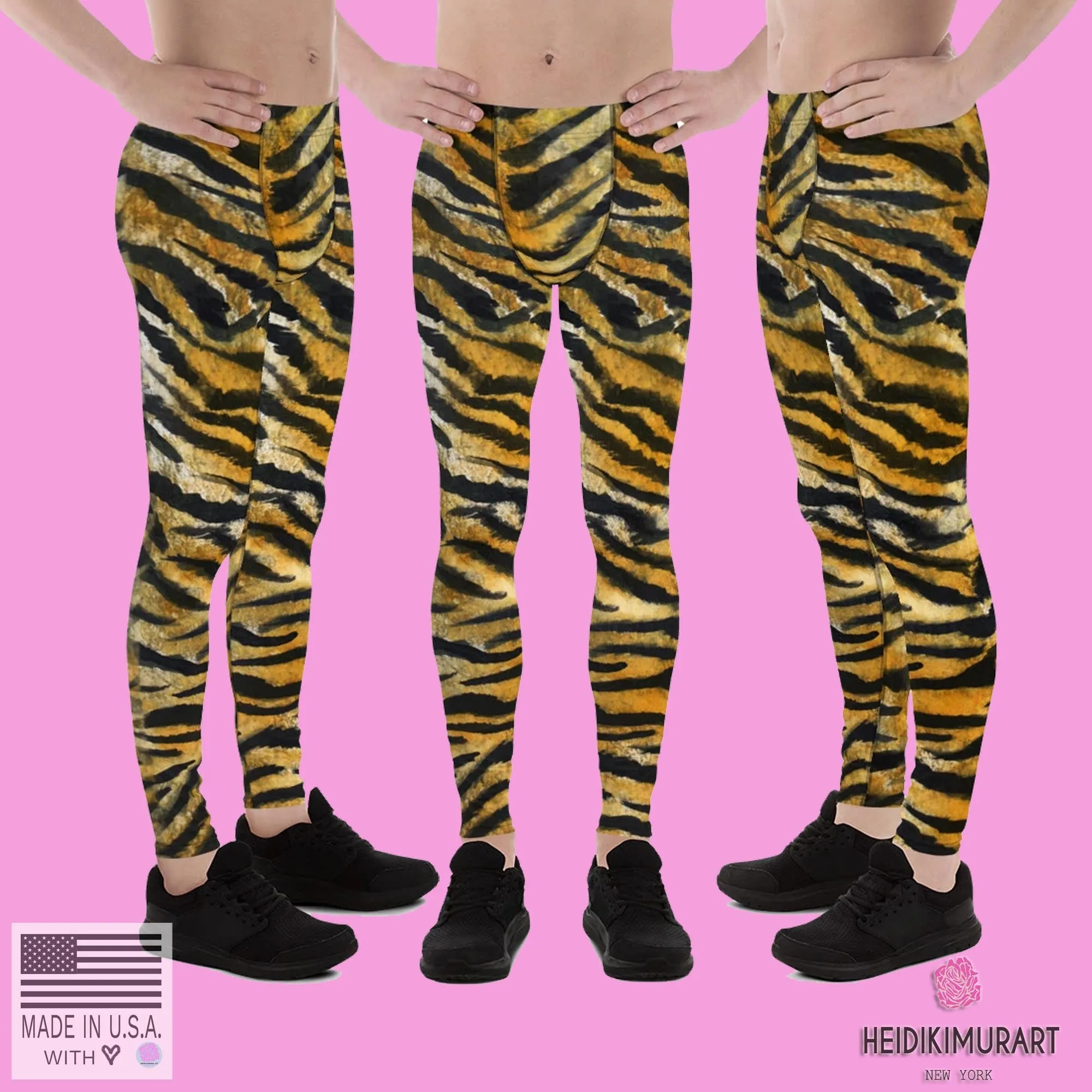 Orange Tiger Meggings, Stripe Animal Print Men's Running Leggings - Made in USA/EU