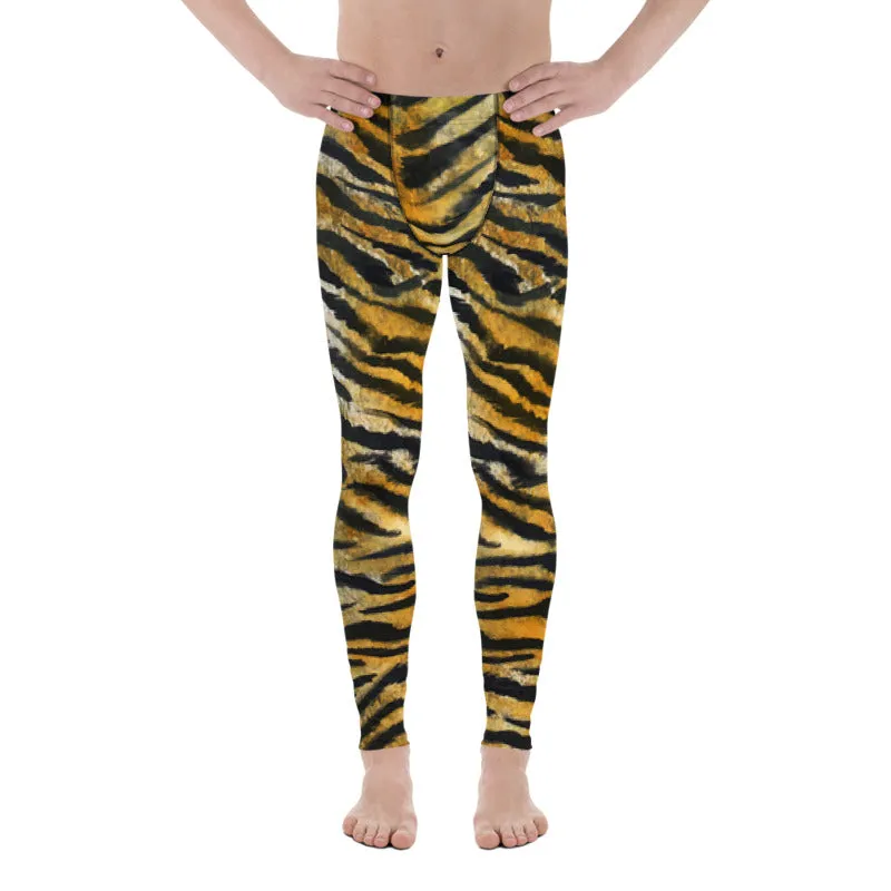 Orange Tiger Meggings, Stripe Animal Print Men's Running Leggings - Made in USA/EU