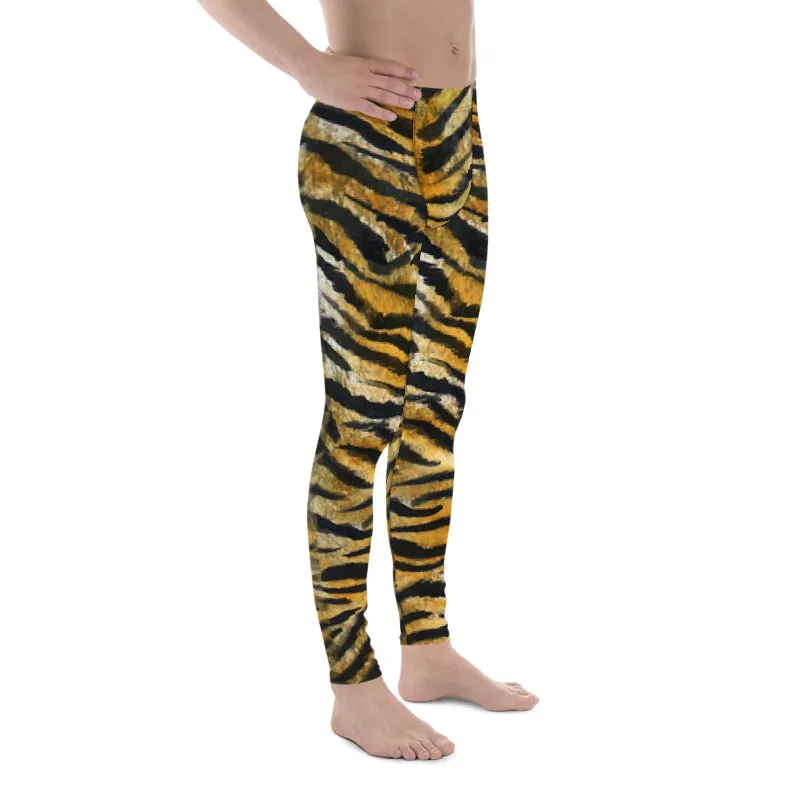 Orange Tiger Meggings, Stripe Animal Print Men's Running Leggings - Made in USA/EU