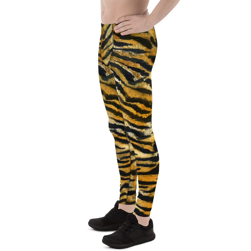 Orange Tiger Meggings, Stripe Animal Print Men's Running Leggings - Made in USA/EU