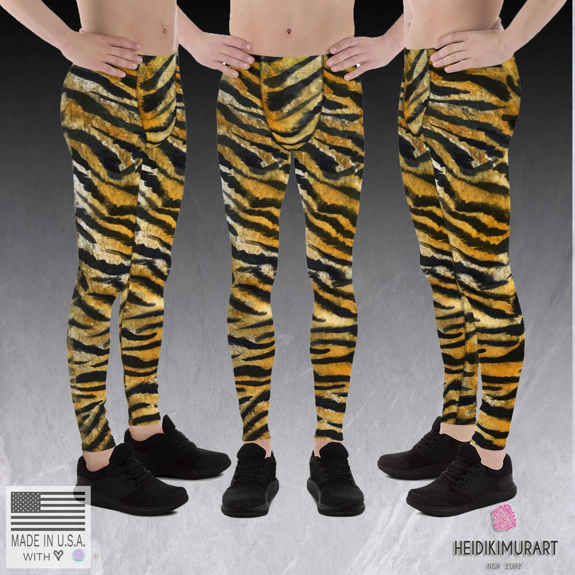 Orange Tiger Meggings, Stripe Animal Print Men's Running Leggings - Made in USA/EU