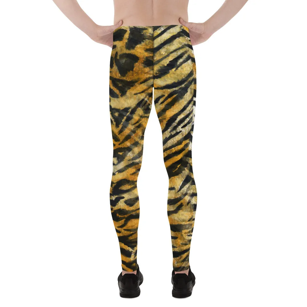 Orange Tiger Meggings, Stripe Animal Print Men's Running Leggings - Made in USA/EU