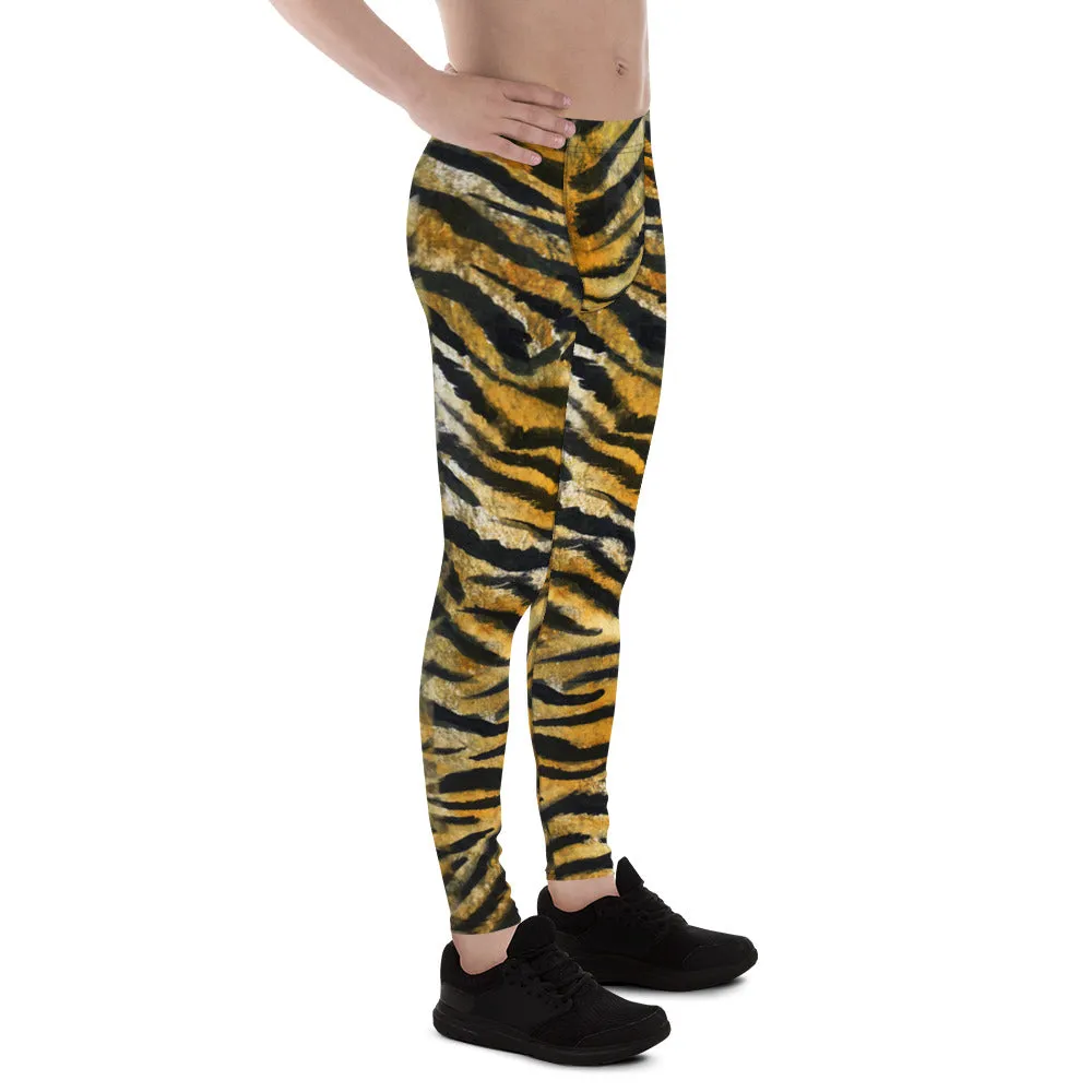 Orange Tiger Meggings, Stripe Animal Print Men's Running Leggings - Made in USA/EU