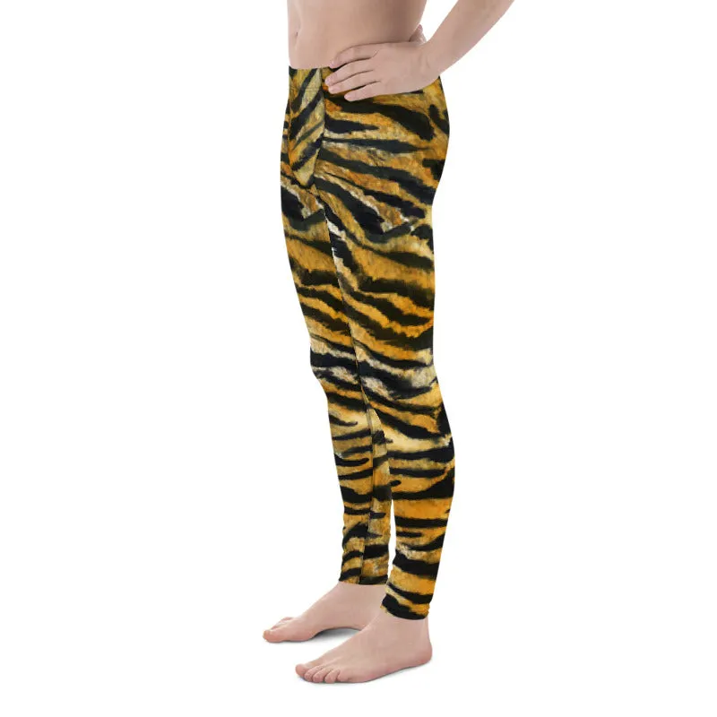 Orange Tiger Meggings, Stripe Animal Print Men's Running Leggings - Made in USA/EU