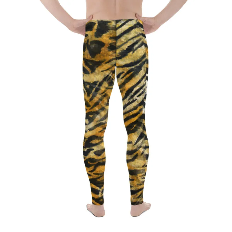 Orange Tiger Meggings, Stripe Animal Print Men's Running Leggings - Made in USA/EU