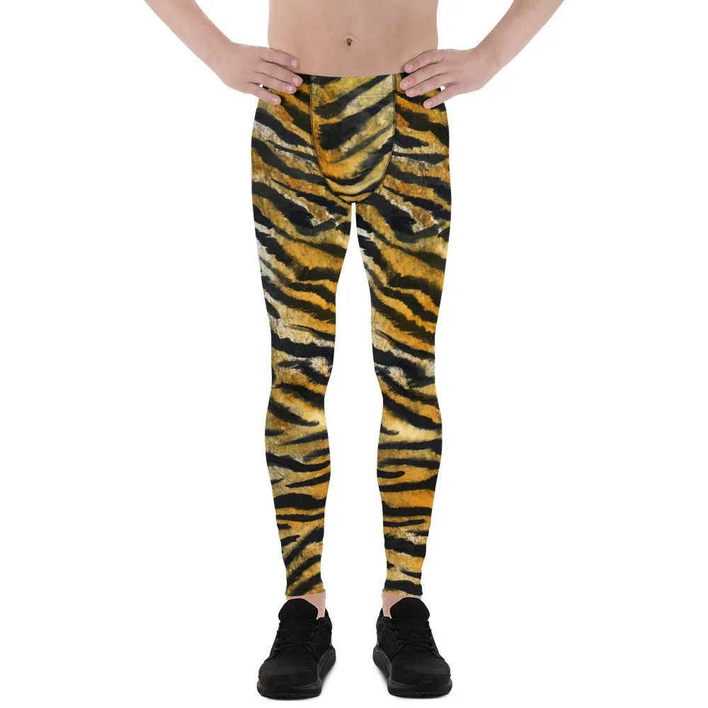 Orange Tiger Meggings, Stripe Animal Print Men's Running Leggings - Made in USA/EU