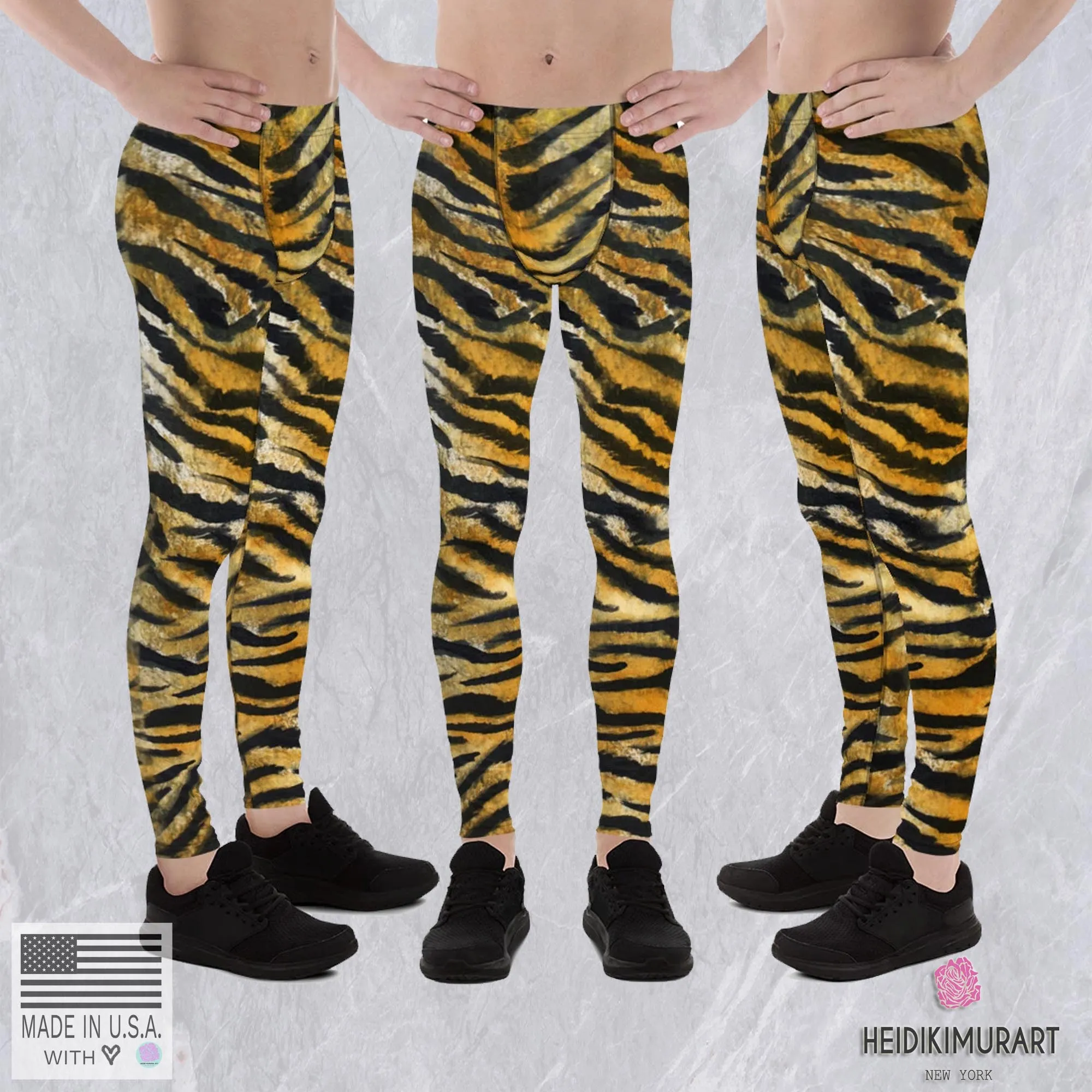 Orange Tiger Meggings, Stripe Animal Print Men's Running Leggings - Made in USA/EU