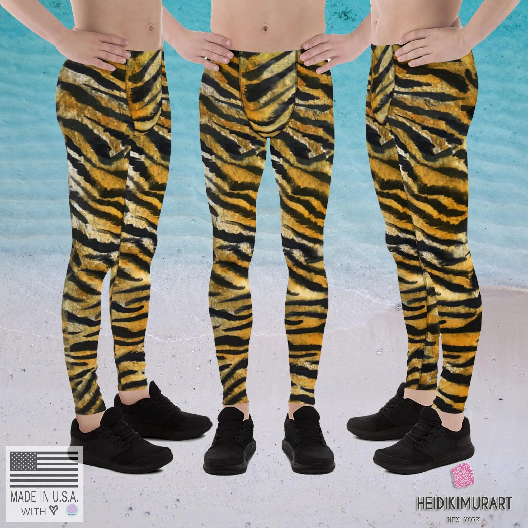 Orange Tiger Meggings, Stripe Animal Print Men's Running Leggings - Made in USA/EU