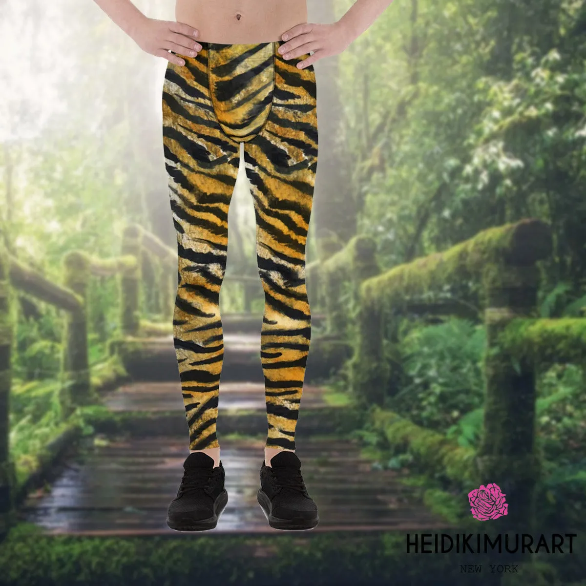 Orange Tiger Meggings, Stripe Animal Print Men's Running Leggings - Made in USA/EU