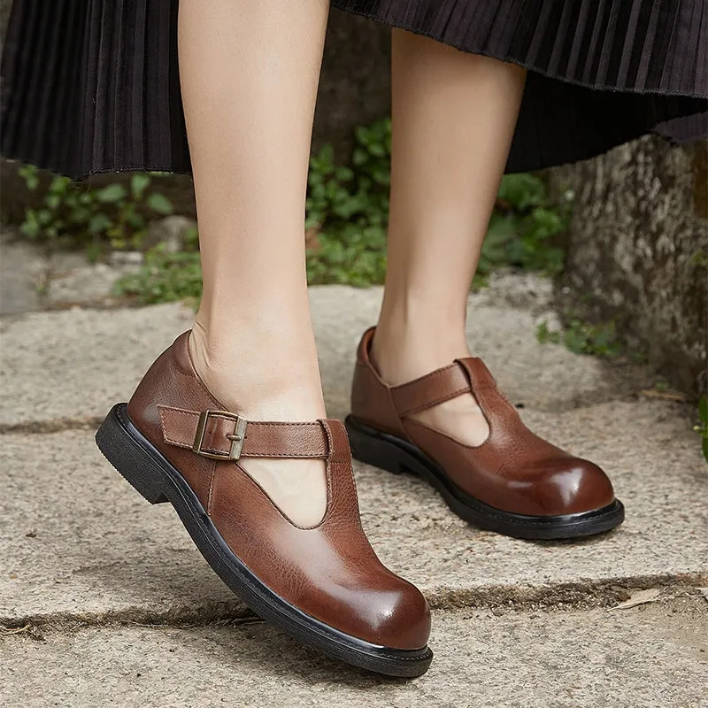 Retro Leather T strap Mary Jane Shoes In Coffee/Black