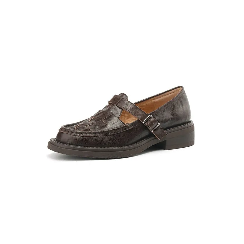 Retro Woven Leather T Strap Mary Jane Shoes In Black/Brown/Beige