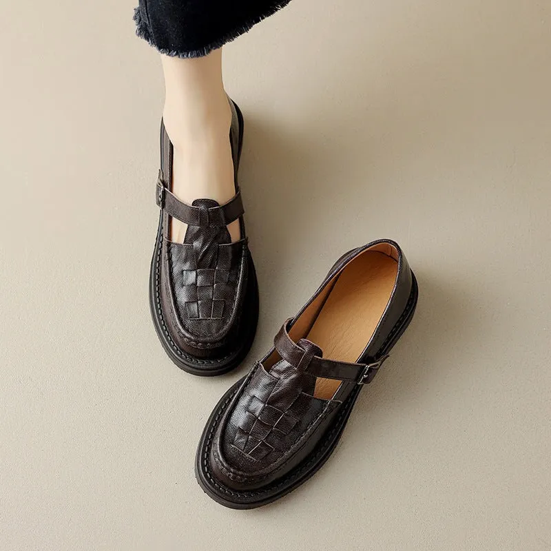 Retro Woven Leather T Strap Mary Jane Shoes In Black/Brown/Beige