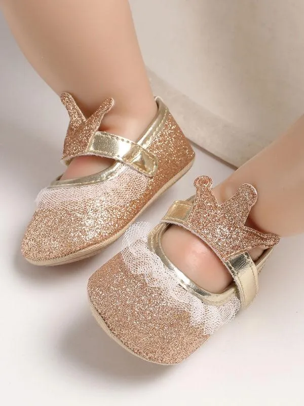 Shimmering Powder Crown Trim Sandals Pre Walking Princess Shoes