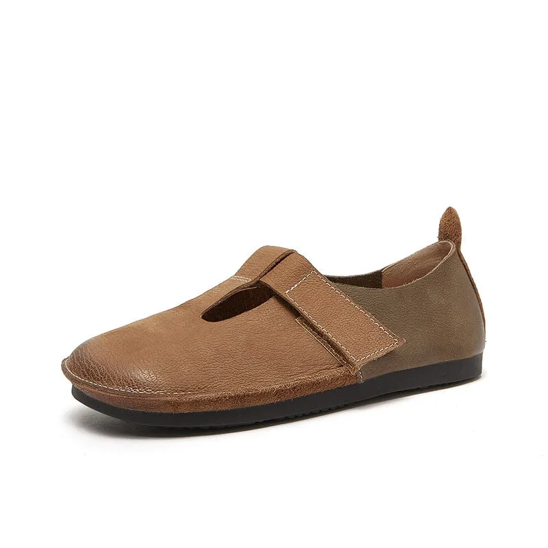 Soft Leather Flat T Strap Mary Jane Shoes Round Toe in Brown/Coffee