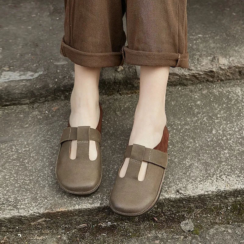 Soft Leather Flat T Strap Mary Jane Shoes Round Toe in Brown/Coffee