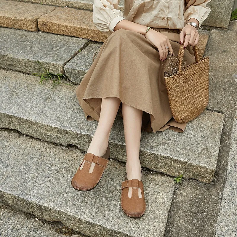 Soft Leather Flat T Strap Mary Jane Shoes Round Toe in Brown/Coffee