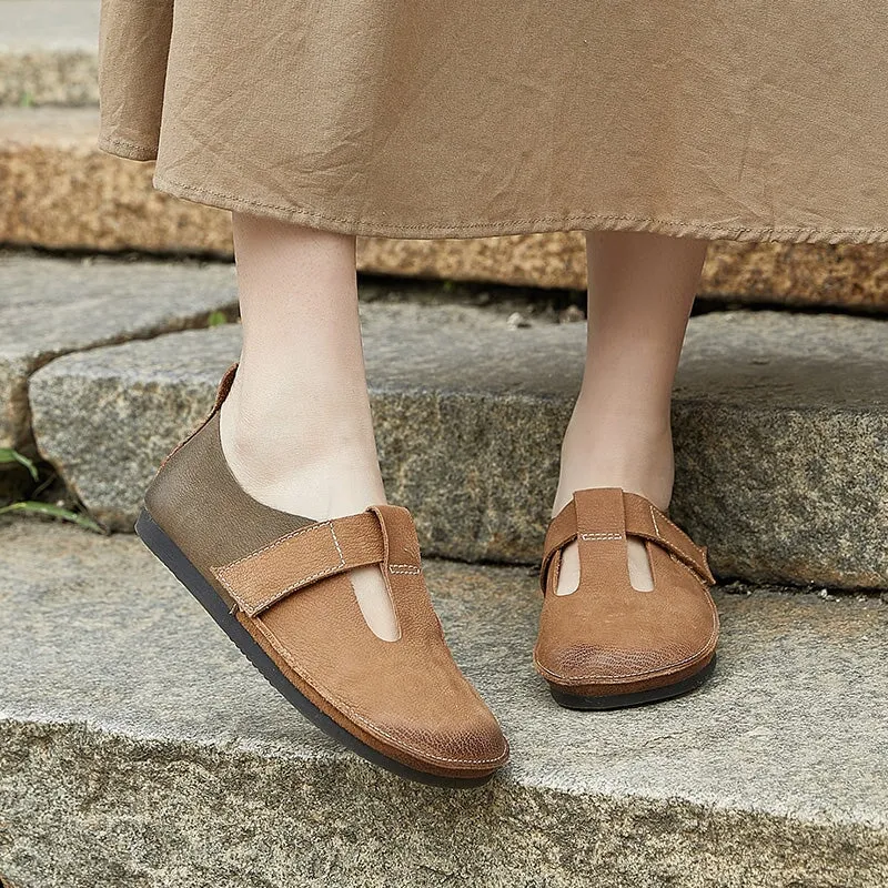 Soft Leather Flat T Strap Mary Jane Shoes Round Toe in Brown/Coffee