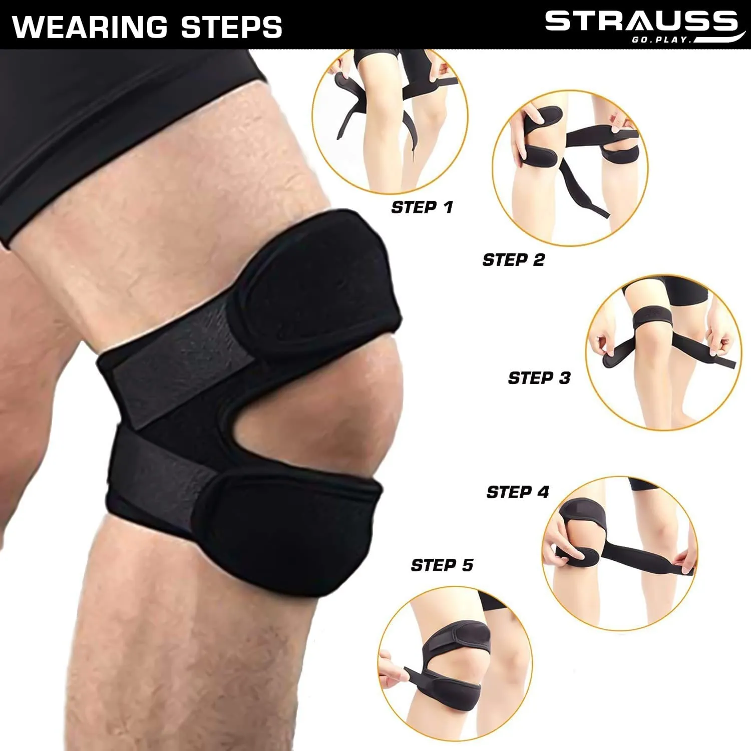 STRAUSS Pattela Strap Knee Support, Free Size, (Black) (Dual Strap)