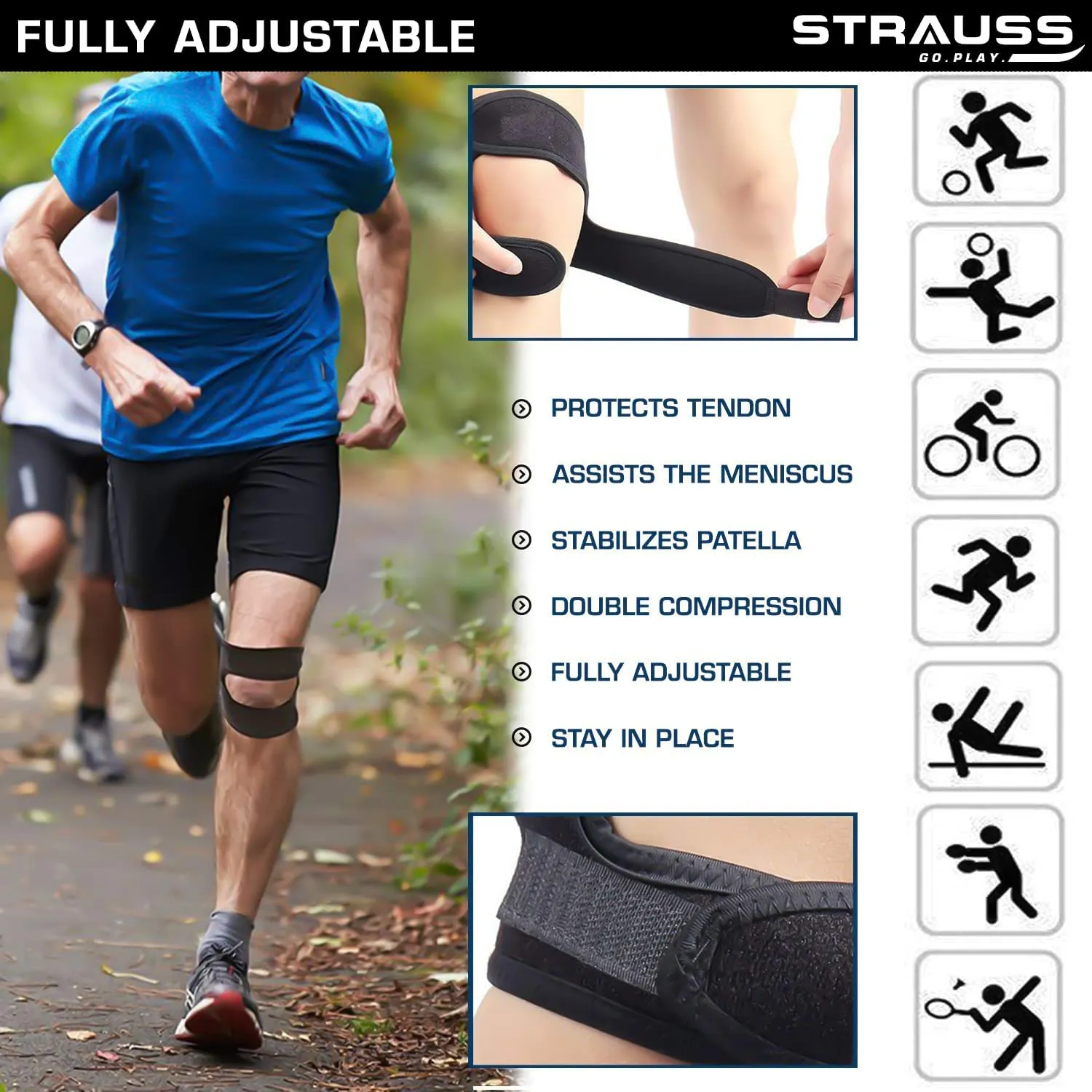 STRAUSS Pattela Strap Knee Support, Free Size, (Black) (Dual Strap)