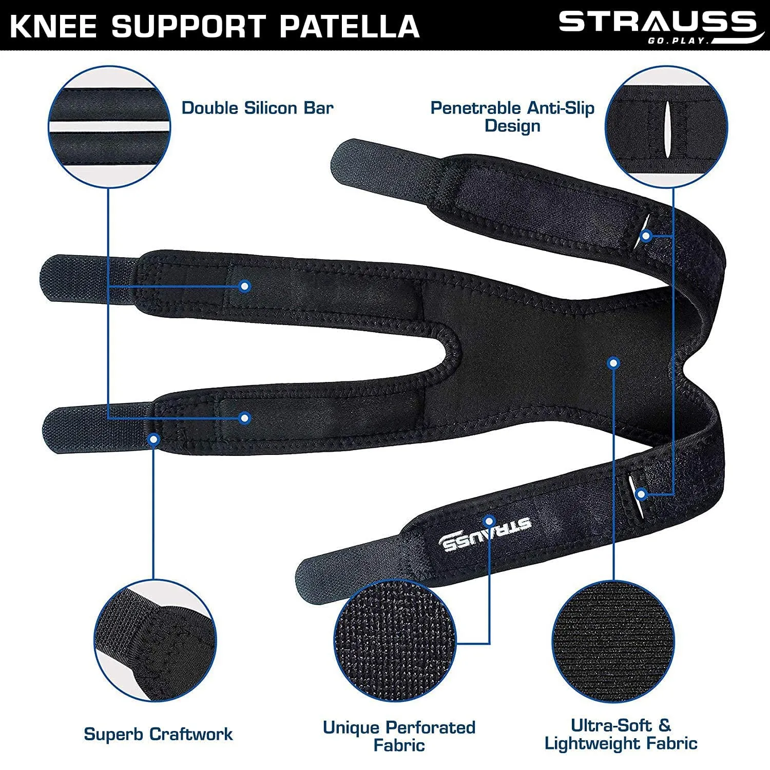 STRAUSS Pattela Strap Knee Support, Free Size, (Black) (Dual Strap)