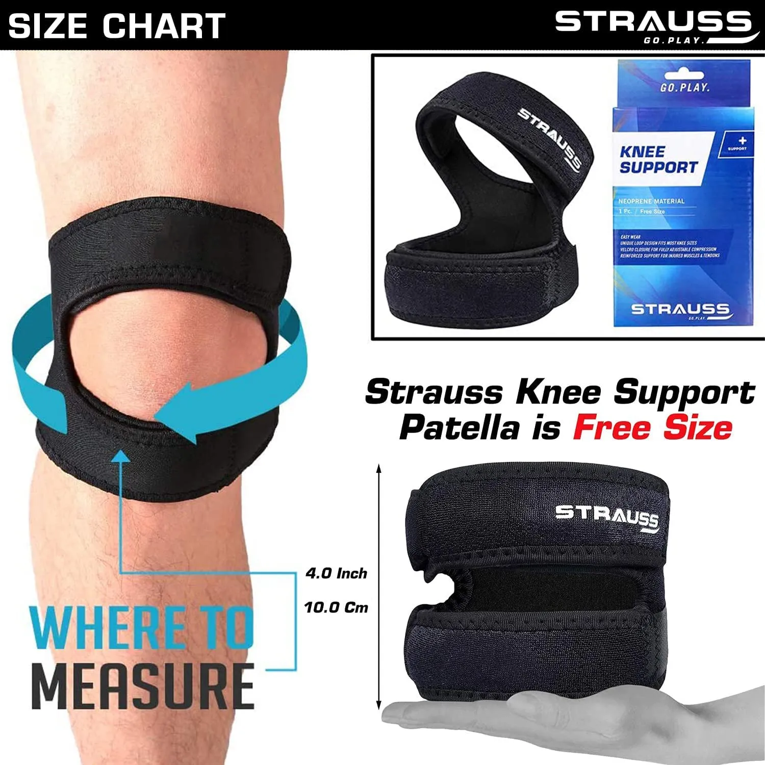 STRAUSS Pattela Strap Knee Support, Free Size, (Black) (Dual Strap)