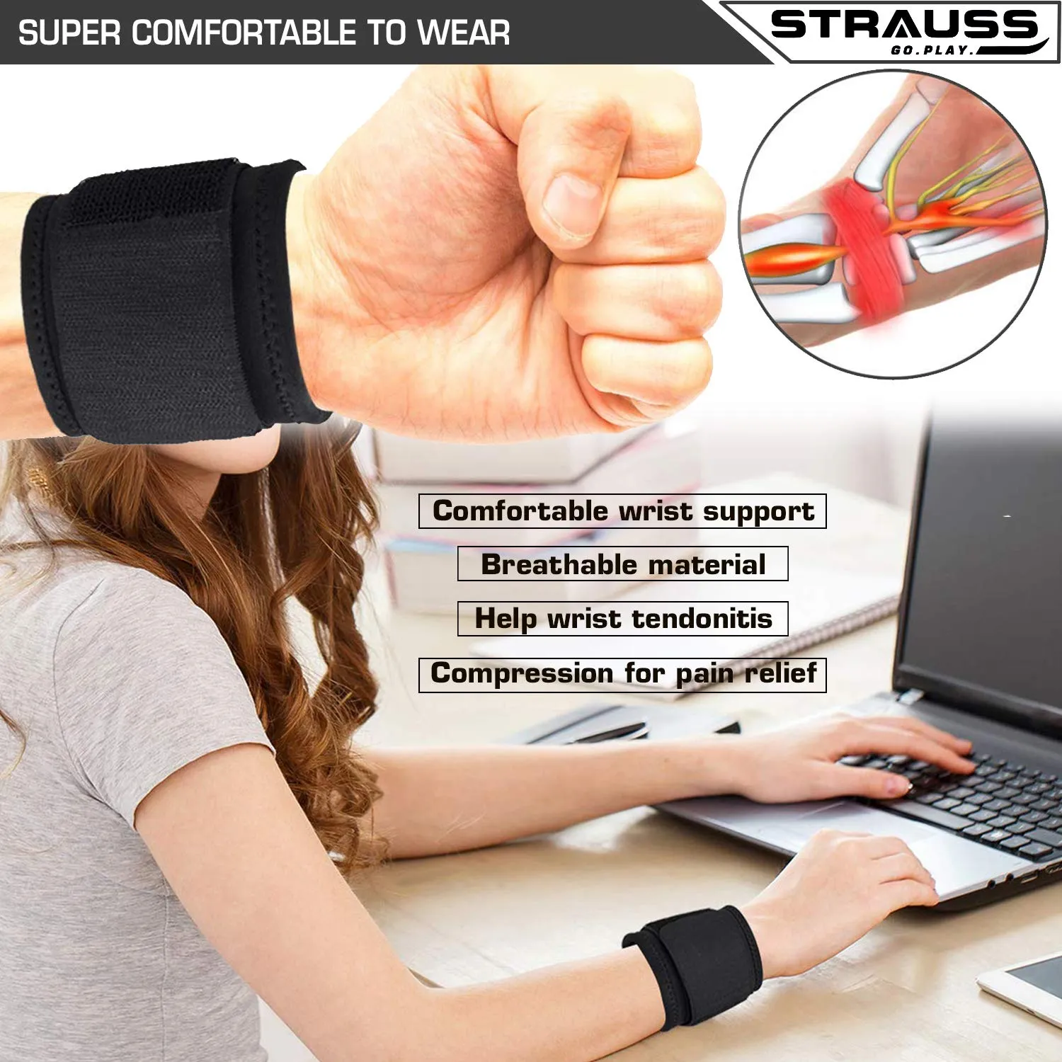 STRAUSS Wrist Support for Gym, Home Exercise, Tennis, Golf & other Sports | Adjustable & Breathable with Powerful Velcro & Soft Material, Pair (Black)