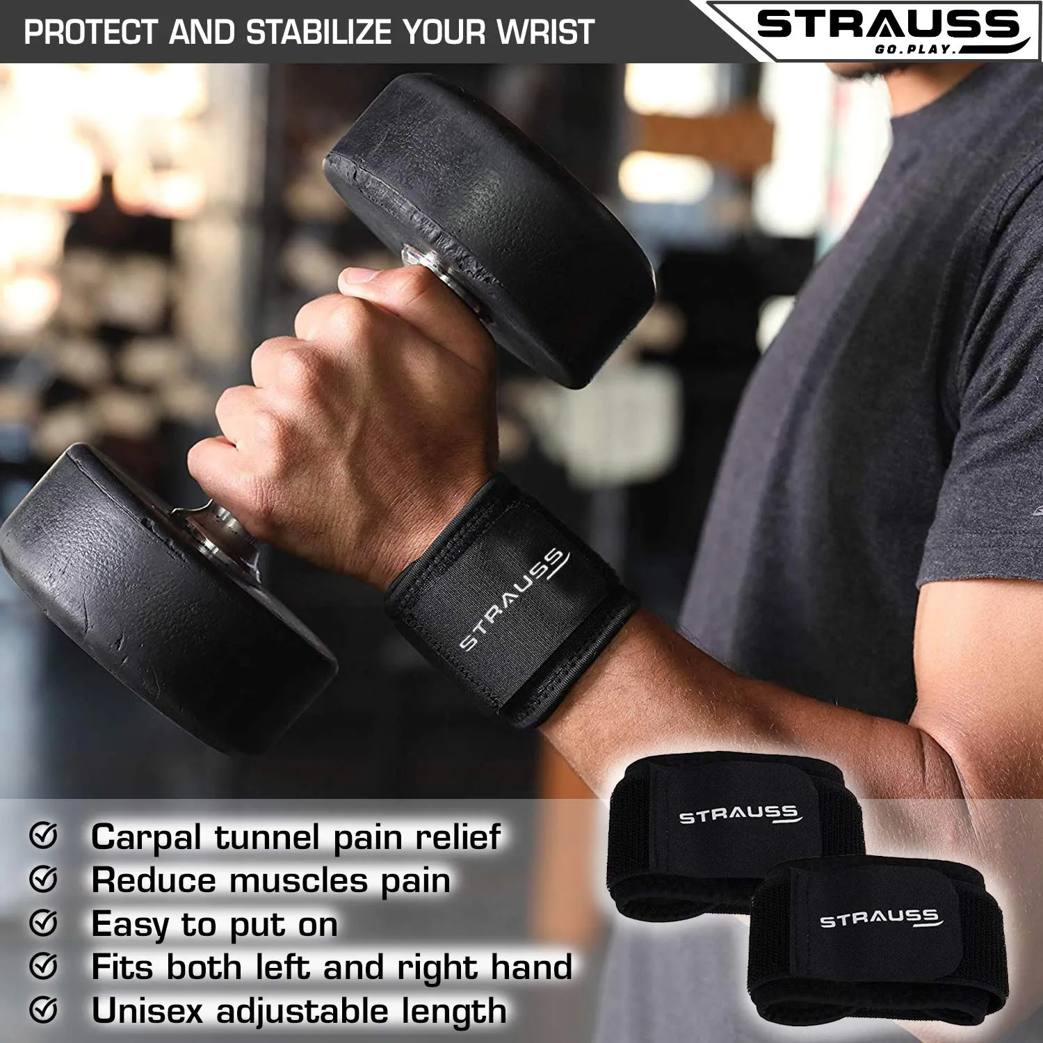 STRAUSS Wrist Support for Gym, Home Exercise, Tennis, Golf & other Sports | Adjustable & Breathable with Powerful Velcro & Soft Material, Pair (Black)