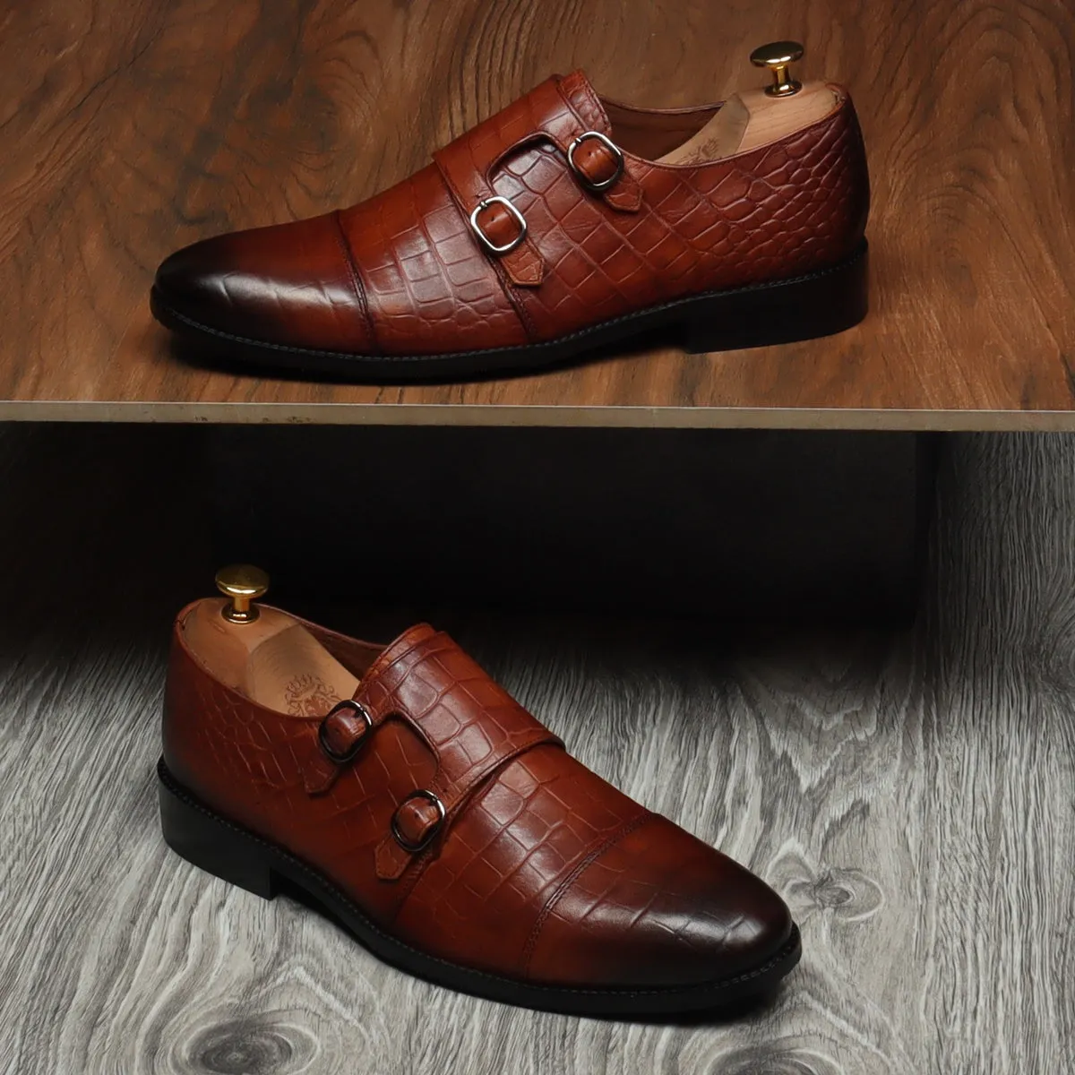 Tan Genuine Leather Monk Shoes By Brune