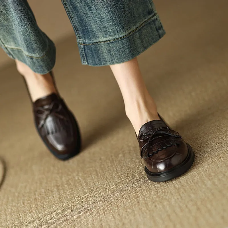 Womens Handmade Alligator Print Tassels Leather Loafers in Brown/Black