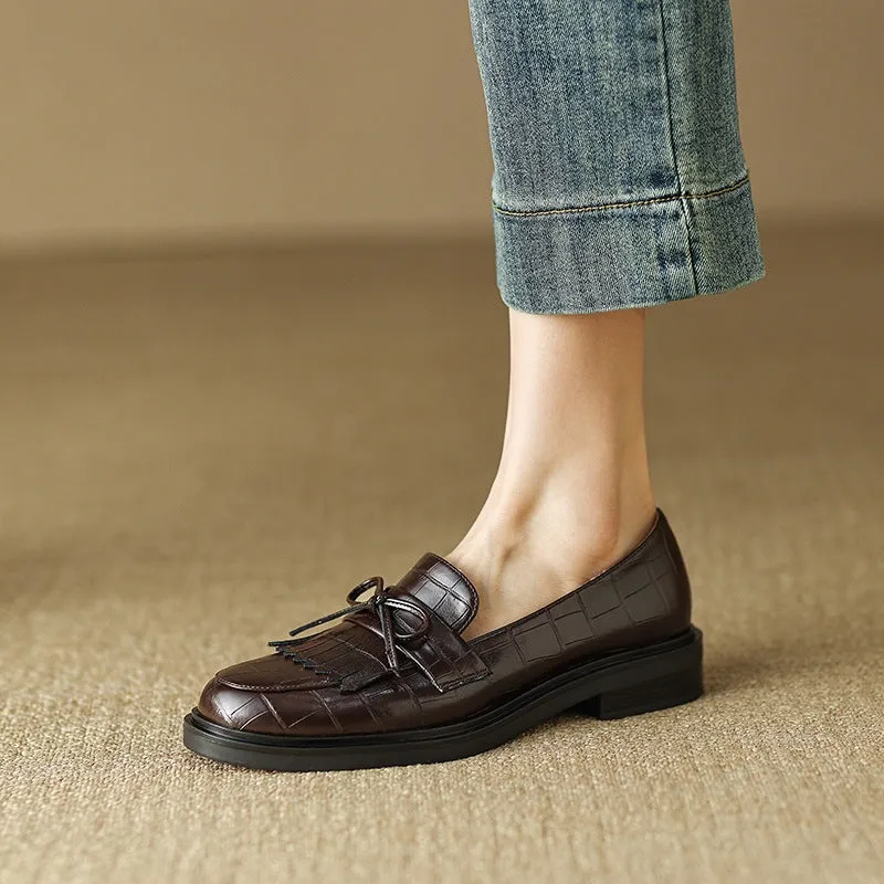 Womens Handmade Alligator Print Tassels Leather Loafers in Brown/Black