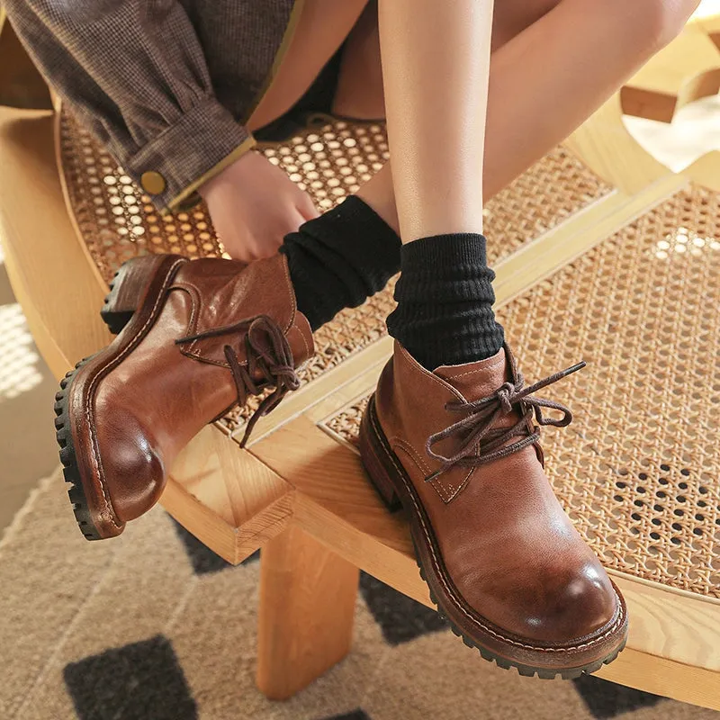 Women's Leather Booties Round Toe Lace-Up Ankle Boots Handmade in Brown/Coffee