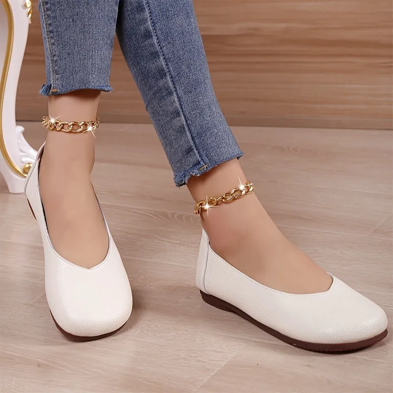 Women's Round Toe Flat White Comfortable Slip On Walking Casual Non Slip Loafers