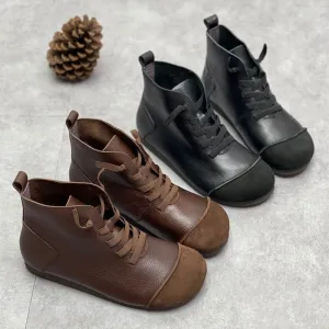 Zero Drop Genuine Leather Soft Barefoot Boots For Women Round Toe Lace Up Mori Girl Style Ankle Boots Wide Fit Black/Coffee